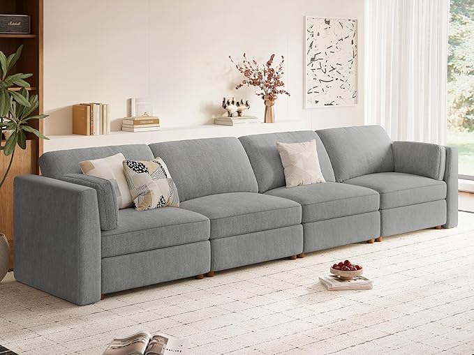CUGOAO 153.4'' Modular Sectional Sofa, Oversized, Sectional Couch, Deep Seat Chenille Cloud Couch Sofa, Removable Cover, Mordern Upholstered Couches for Living Room, Apartment, Office, Grey