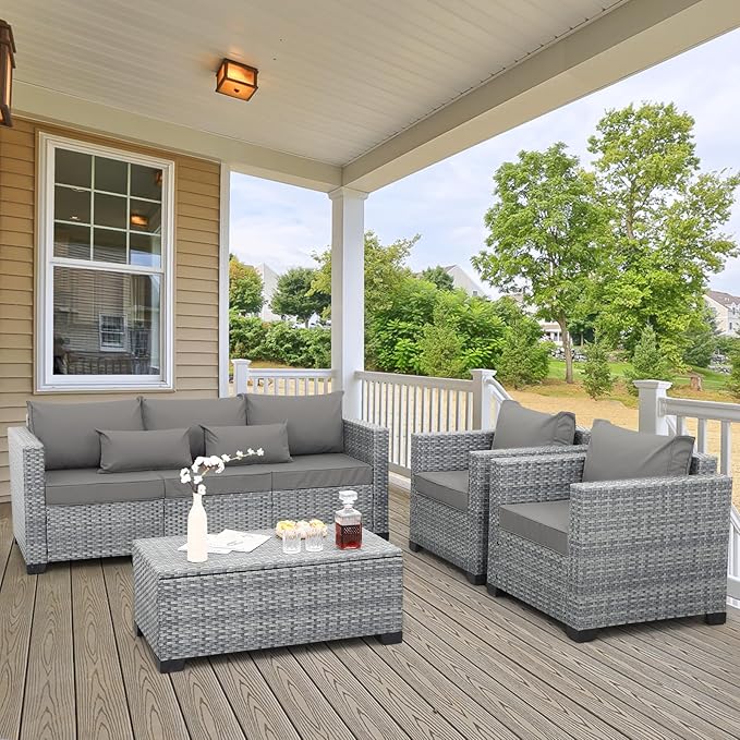 4 Piece Wicker Patio Furniture Sets Outdoor Conversation Set PE Rattan Sectional Sofa Couch with Storage Table and Grey Cushions
