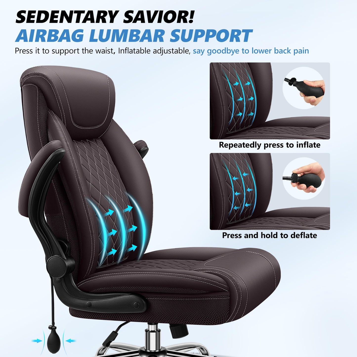 Office Chair, Big and Tall Ergonomic Desk Chair, Executive Leather Computer Chair with Adjustable Lumbar Support, Comfy Gaming Chair with Flip Up Arms, Swivel PC Chair with Rocking Function, Coffee