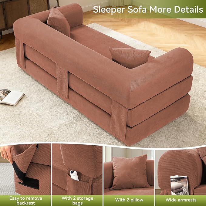 GJQ Convertible Futon Sofa Bed,80" Folding Pull Out Couch Bed with Storage,Queen Sleeper Sofa Bed,Compressed Couch in a Box,Corduroy Boneless Couches for Living Room,Pink