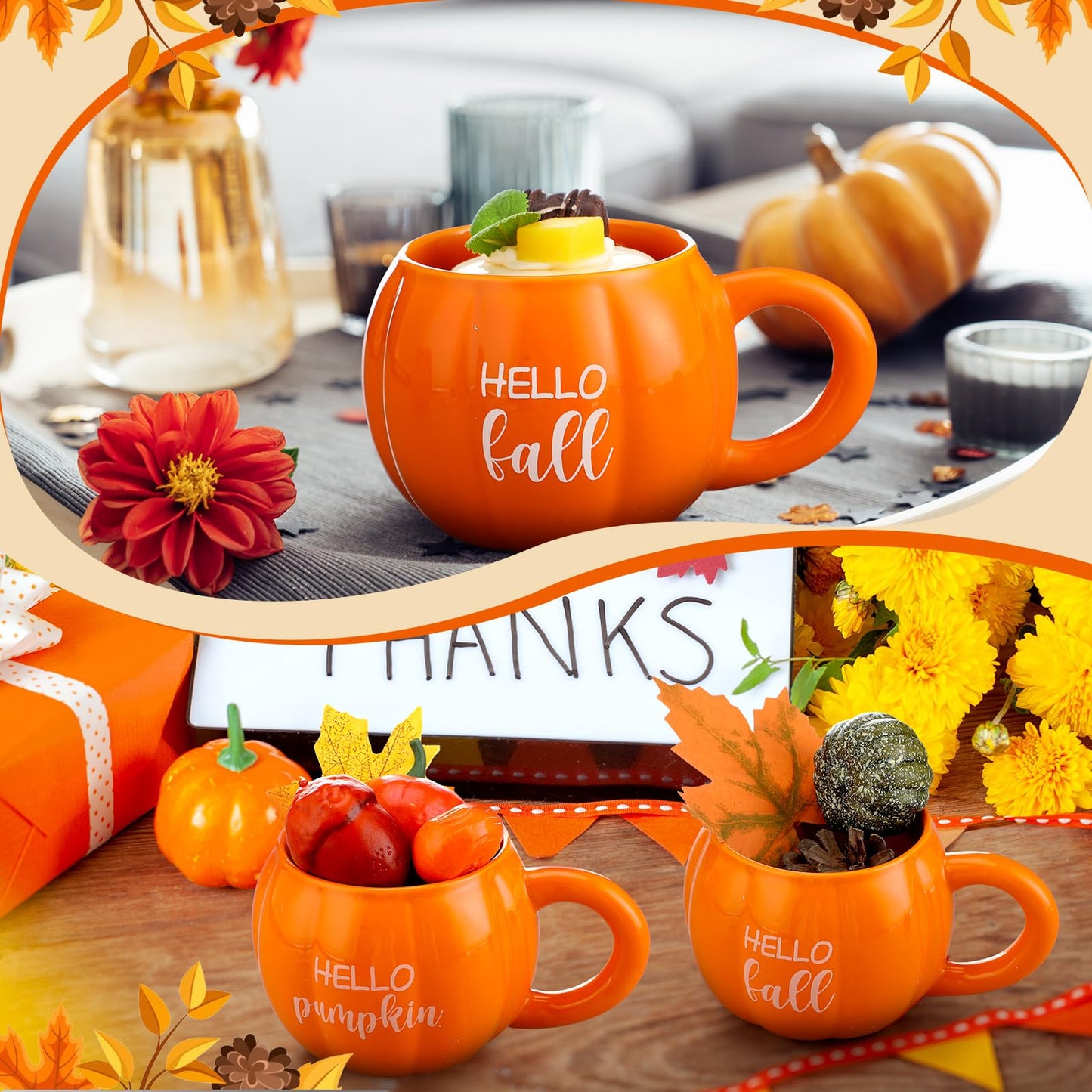 GlikCeil 2 Pcs Fall Pumpkin Coffee Mugs Thanksgiving Tiered Tray Decoration Autumn Ceramic Spice Cups 17 oz for Home Kitchen Fall Y'all Table Centerpieces Farmhouse Accessories Housewarming Gift
