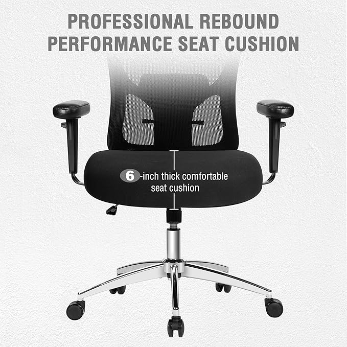 Big and Tall Office Chair 600lbs, Heavy Duty Ergonomic Mesh Chair, Computer Executive Desk Chair with Wide Thick Seat, Adjustable Armrests, Lumbar Support