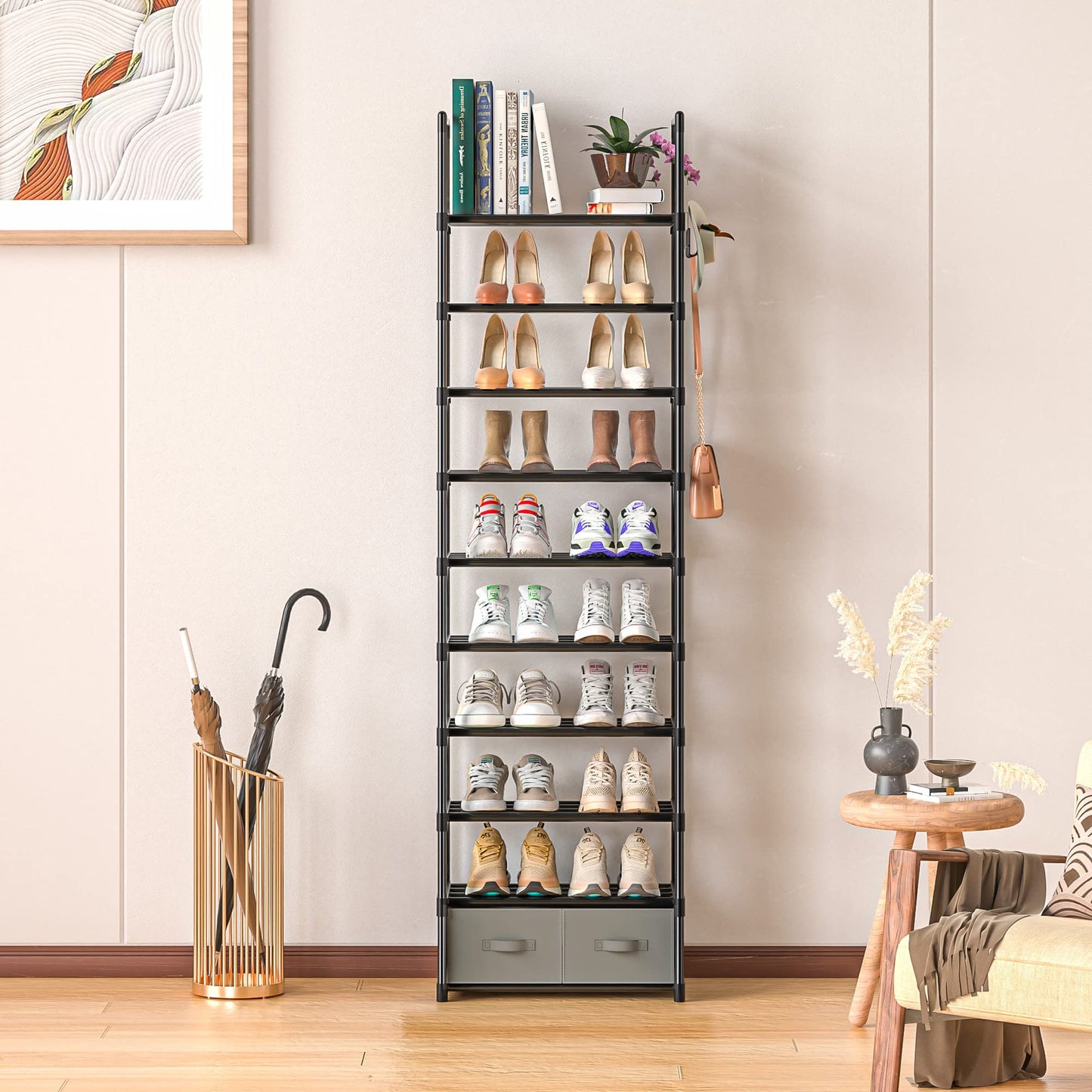 OYREL Tall Shoe Rack Narrow 10 Tier Shoes Rack 20 25 Pairs, Shoe Storage Organizer for Closet, Sturdy Metal Shoe Shelf Shoe Stand with 2 Boxes 1 Hook