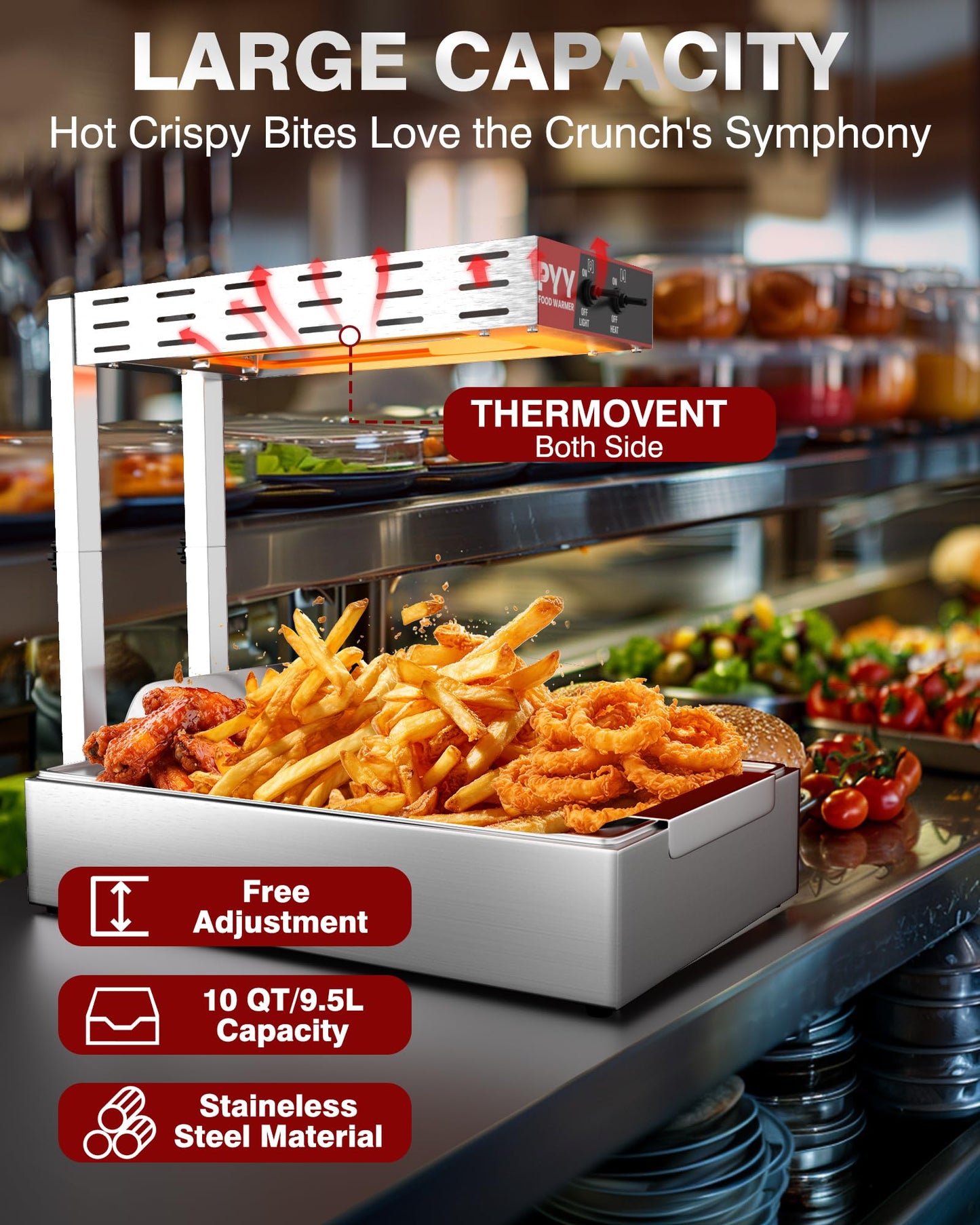 PYY French Fry Warmer - Update Commercial Food Heat Lamp Fry Dump Station Chip Warmer Food Warmer Adjustable Height 7.9"-11" Temp 86°F-156°F Countertop Freestanding for Restaurant Buffet