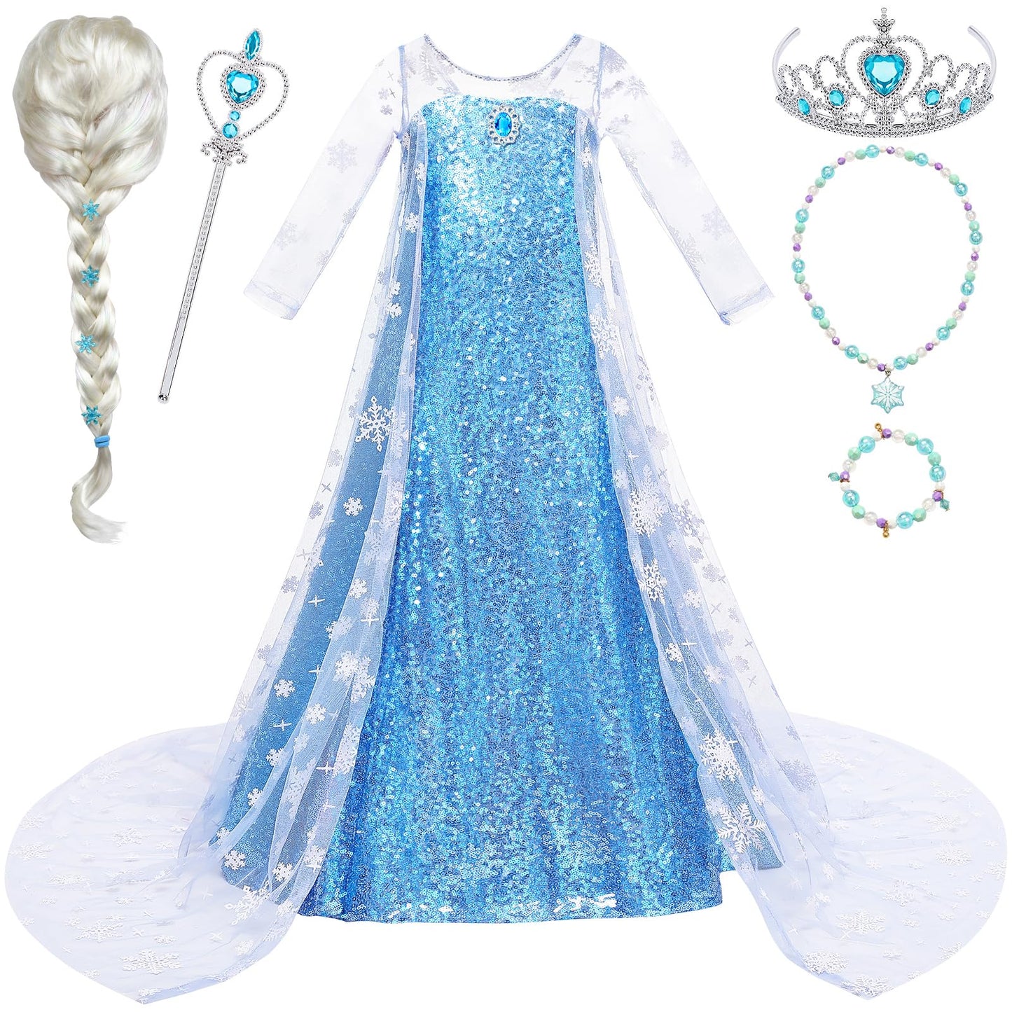 G.C Girls Princess Dress Costume with Wig Cape Toddler Princess Dress Up Outfit Kids Crown Jewelry Halloween Cosplay Birthday Gifts