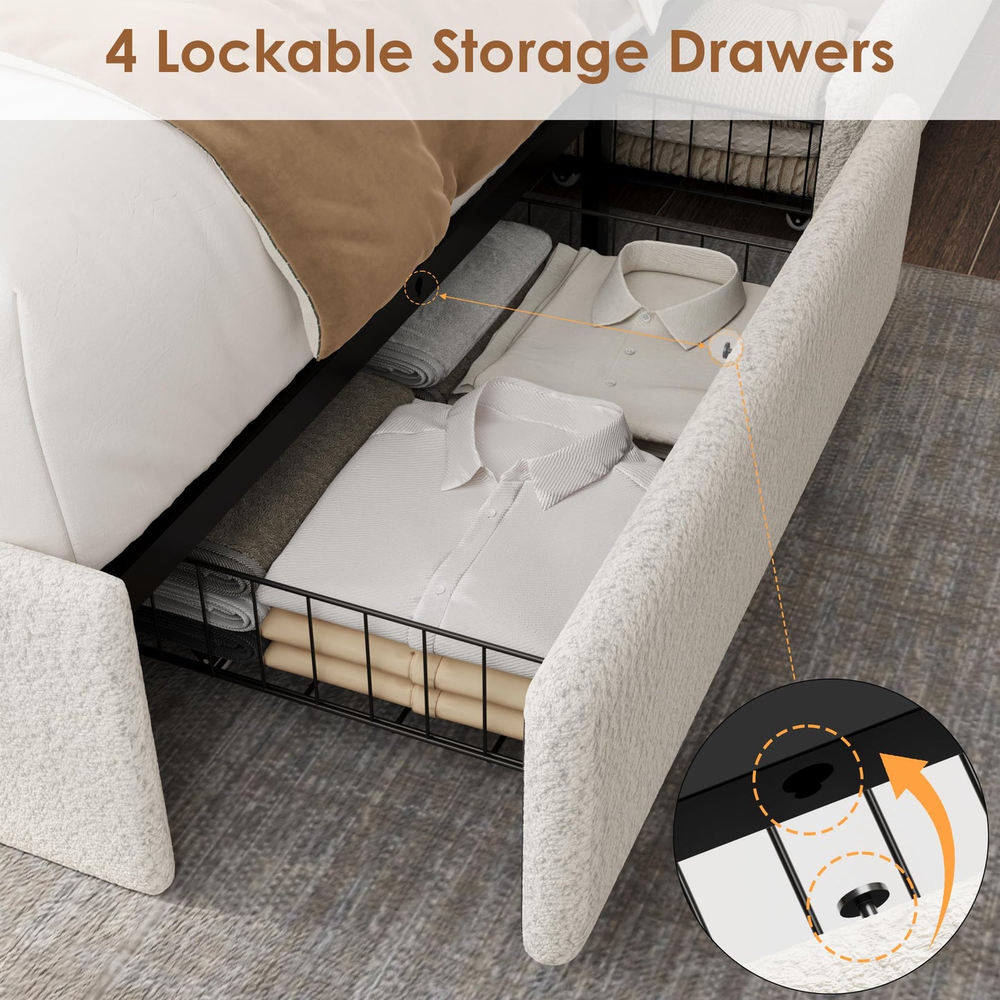 Full Size Boucle Bed Frame with LED Light and Charging Station, 4 Storage Drawers, Storage Headboard, Upholstered Platform Full Bed with Wooden Slats, No Box Spring Needed, Easy Assembly, White