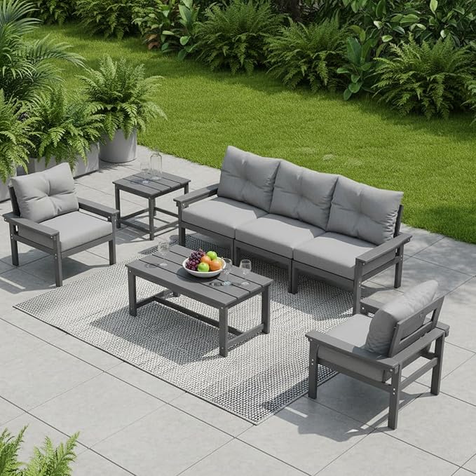 HDPE 4 Piece Patio Furniture Set, All-Weather Outdoor Couch with Thick Cushions & Coffee Table & Side Table, Patio Conversation Sets for Lawn, Garden, Porch, Balcony, Deck, Poolside, Grey