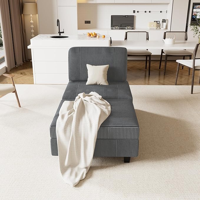 31" Convertible Modular Sleeper Sofa in Soft Corduroy with Attachable Storage Ottoman, 21" Deep Seat Cloud Couch Easy Assembly for Small Spaces Living Room Bedroom Office (Grey, 1 Seat + 1 Ottoman)
