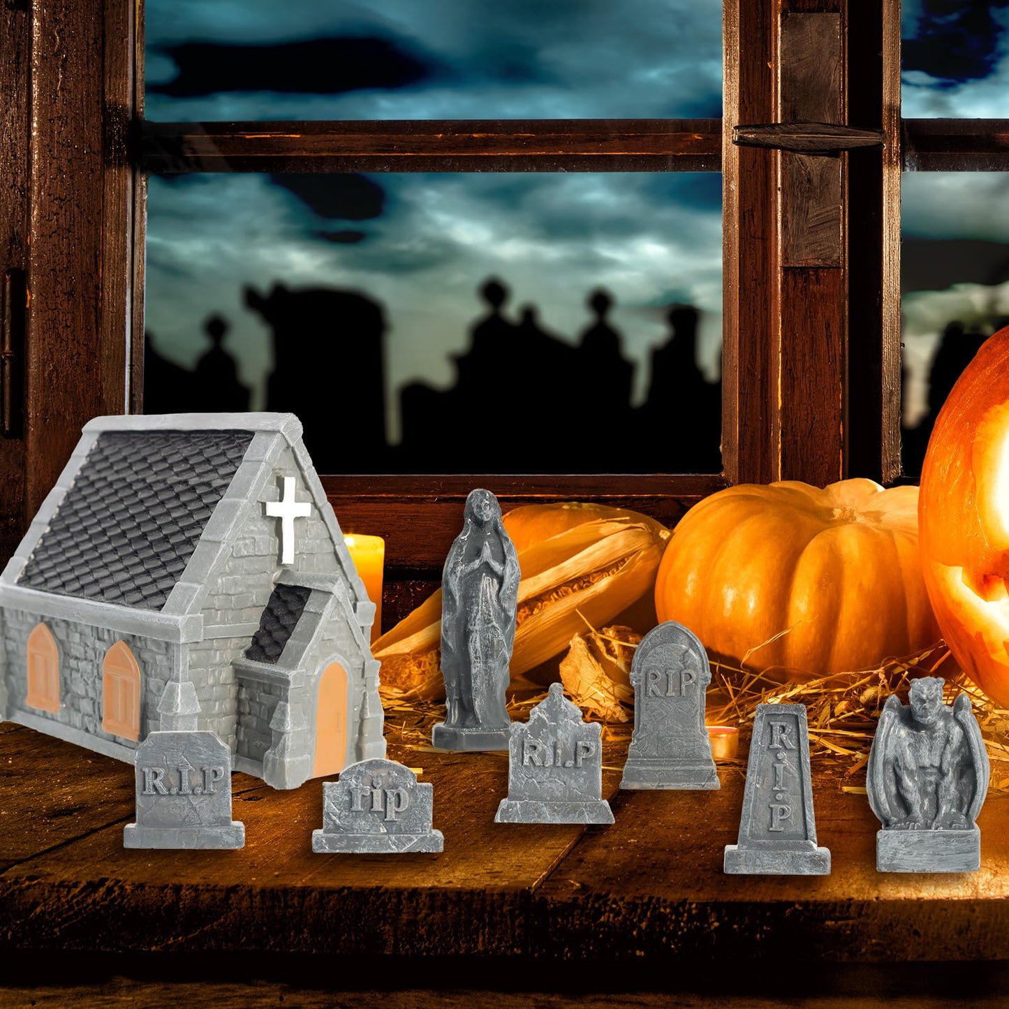 Rileryan 15 PCS Miniature Church Tombstones Gargoyle Virgin Figurines DIY Graveyard Scenes for Halloween Village Decorations Accessories Cemetery Terrain Scenery