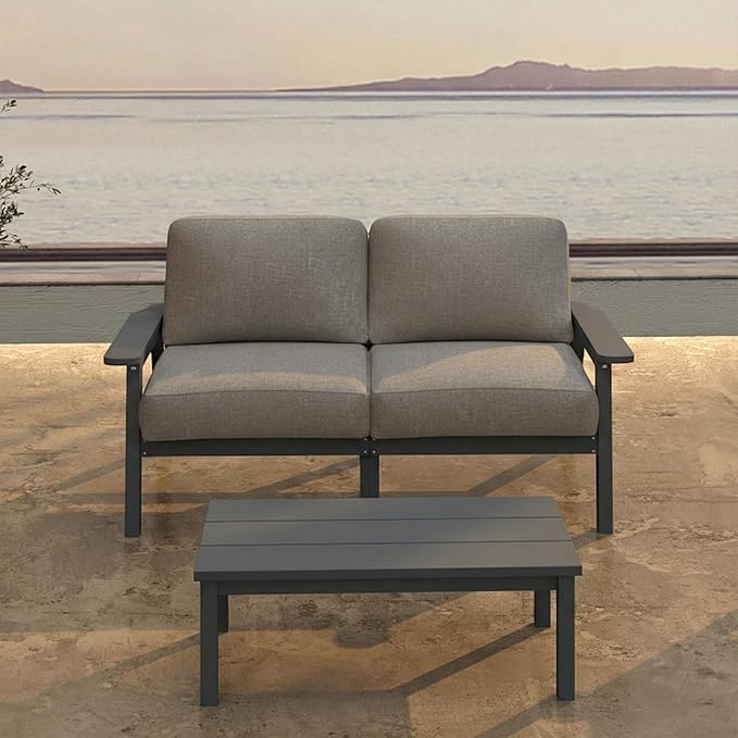 Patio Kingdom Patio Furniture Set 2 Seats, HDPE Outdoor Sectional with Gray Washable Thick Cushions, Coffee Table, Patio Conversation Sets for Lawn, Garden, Porch, Balcony, Deck (Grey Frame)