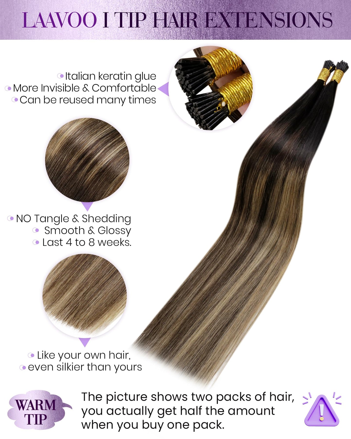 LaaVoo I Tip Hair Extensions Human Hair Balayage Itip Human Hair Extensions 80s Natural Black Balayage Medium Brown Ombre Carame