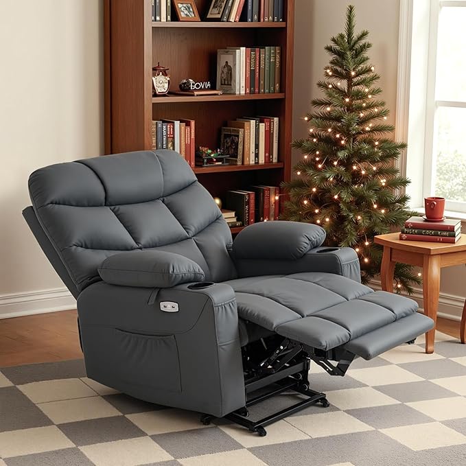 MCombo Oversized Power Lift Recliner Chair with Extended Footrest, Extra Wide 27.2" for Big and Tall Elderly People, Faux Leather R7289 (Dark Grey, Medium-Oversize)