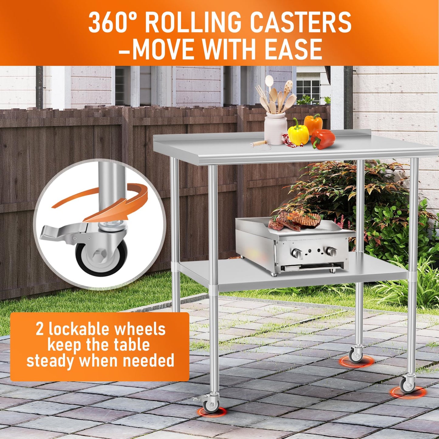 HOCCOT Stainless Steel Prep Table 30" X 36" with Adjustable Undershelf, Backsplash and Wheels, Commercial Metal Workstations for Kitchen, Garage, Outdoor BBQ
