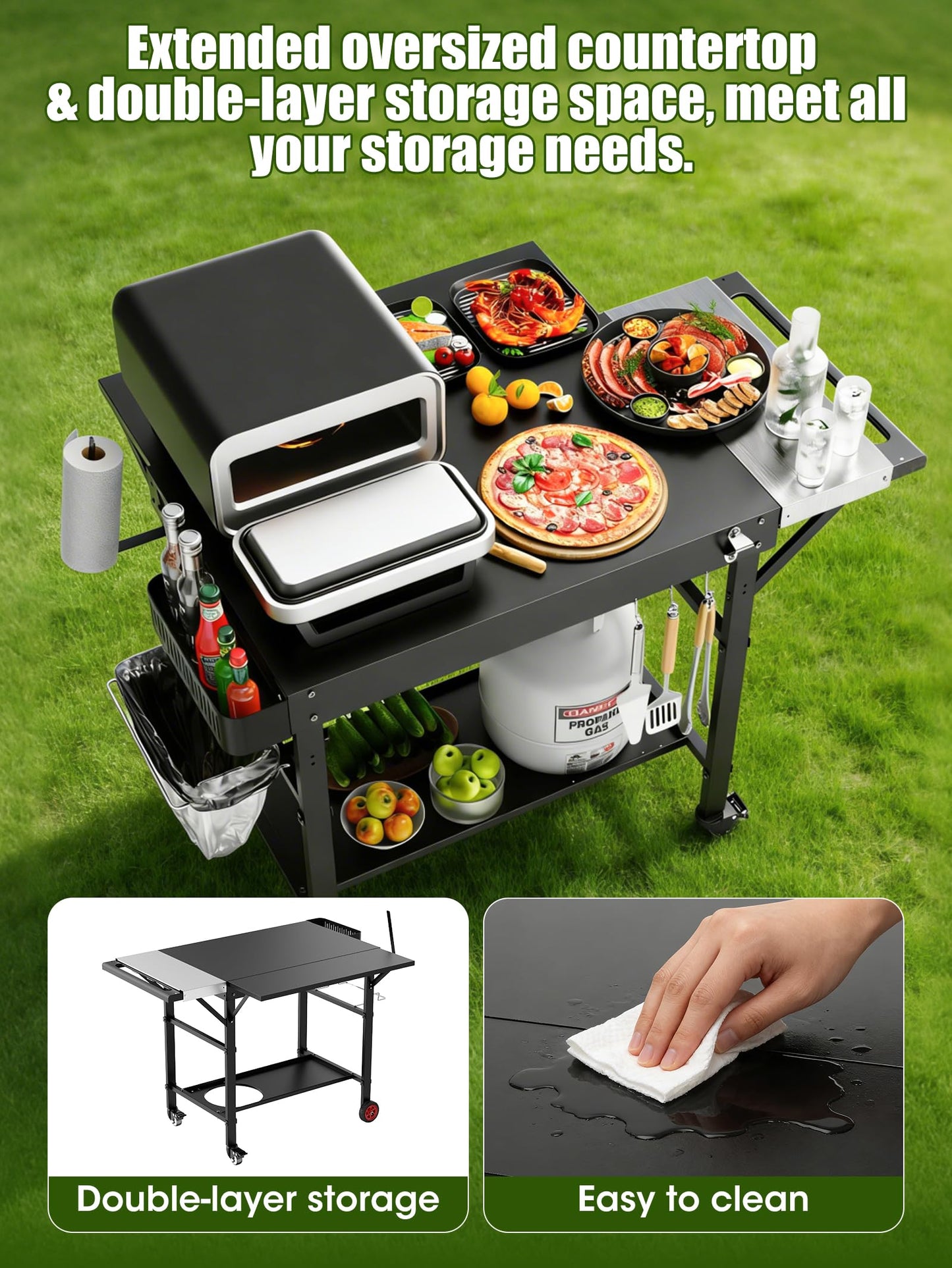 Outdoor Pizza Oven Table, Movable Grill Side Table, Expansive Countertop Pizzas Oven Accessories, Pizzas Stands for Party with Wheels, Fits Ooni Blackstone Ninja Cuisinart Gozney