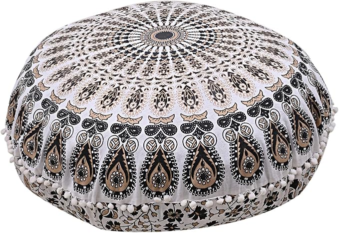Shubhlaxmifashion Mandala Floor Pillow Cushion Seating Throw Cover Hippie Decorative Bohemian Ottoman Poufs, Pom Pom Pillow Cases,Boho Indian (32 Inches, Gold Black)
