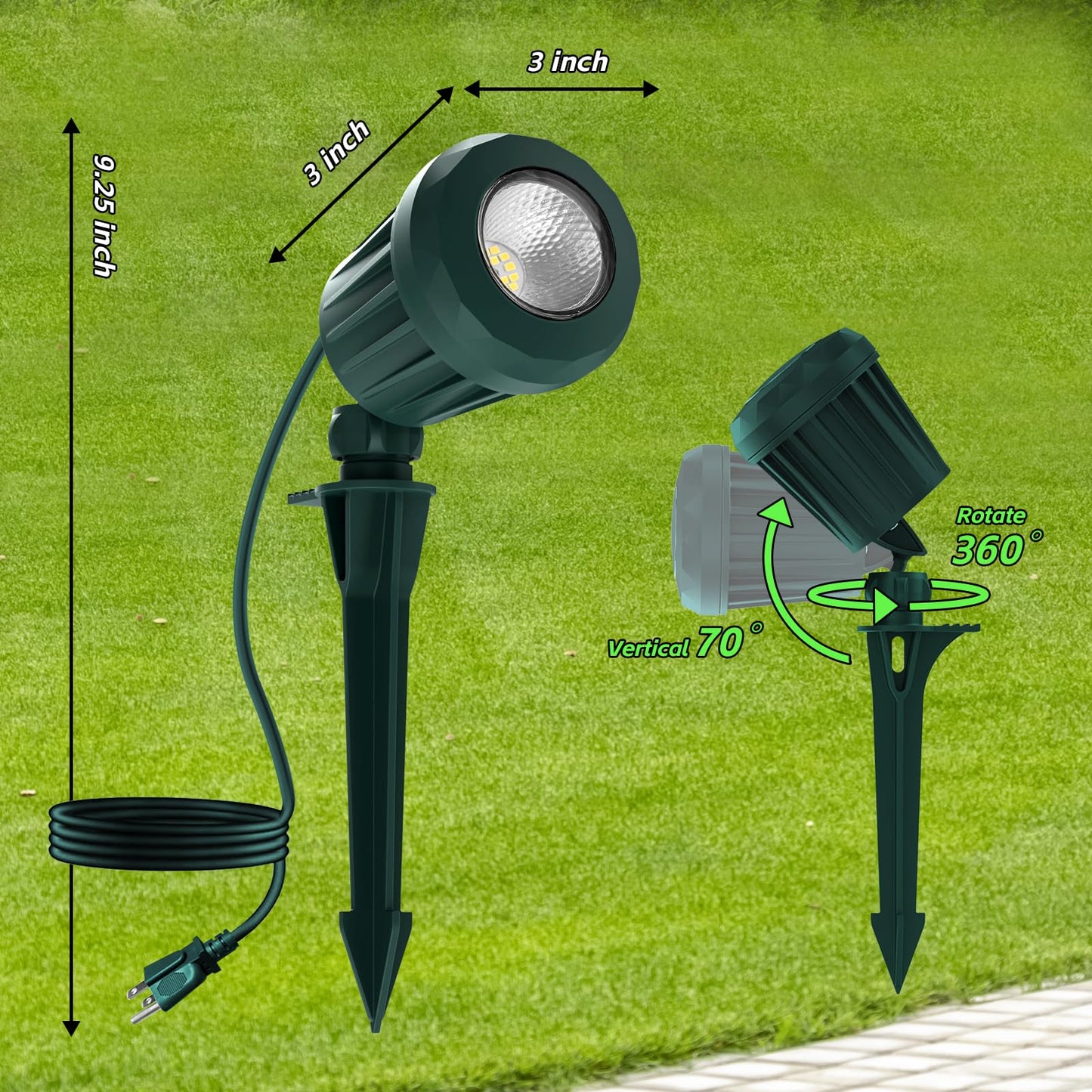 Holeva Spotlight Outdoor – 120V Plug-in, 2700K Warm White LED Landscape Spot Lights with RGB 3 Lenses for Yard, Garden, Lawn&Tree Decor, IP67 Waterproof, Perfect for Holidays&Everyday (2 Pack, Green)