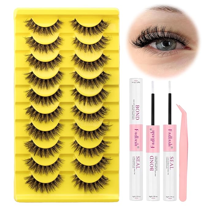 FADLASH False Eyelashes Kit 10 Pairs Cat Eye Lashes Mink Lashes Wispy with Lash Bond and Seal and Tweezer Fake Eyelashes Natural Look Handmade Eyelashes Fake Lashes Strips (LZ-201 Kit)