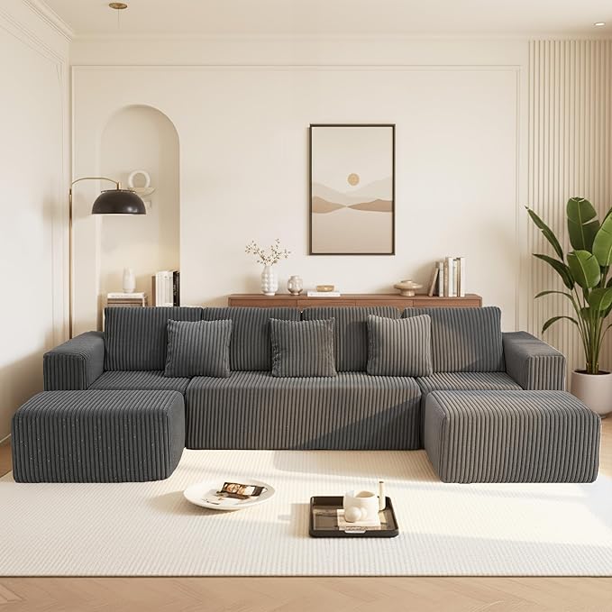 SEENYOO 132" U Shaped Modular Sofa, 4-Seater Sectional Cloud Couch with Chaise, Soft Corduroy Boneless for Living Room, No Assembly Required, Free Configuration,Grey