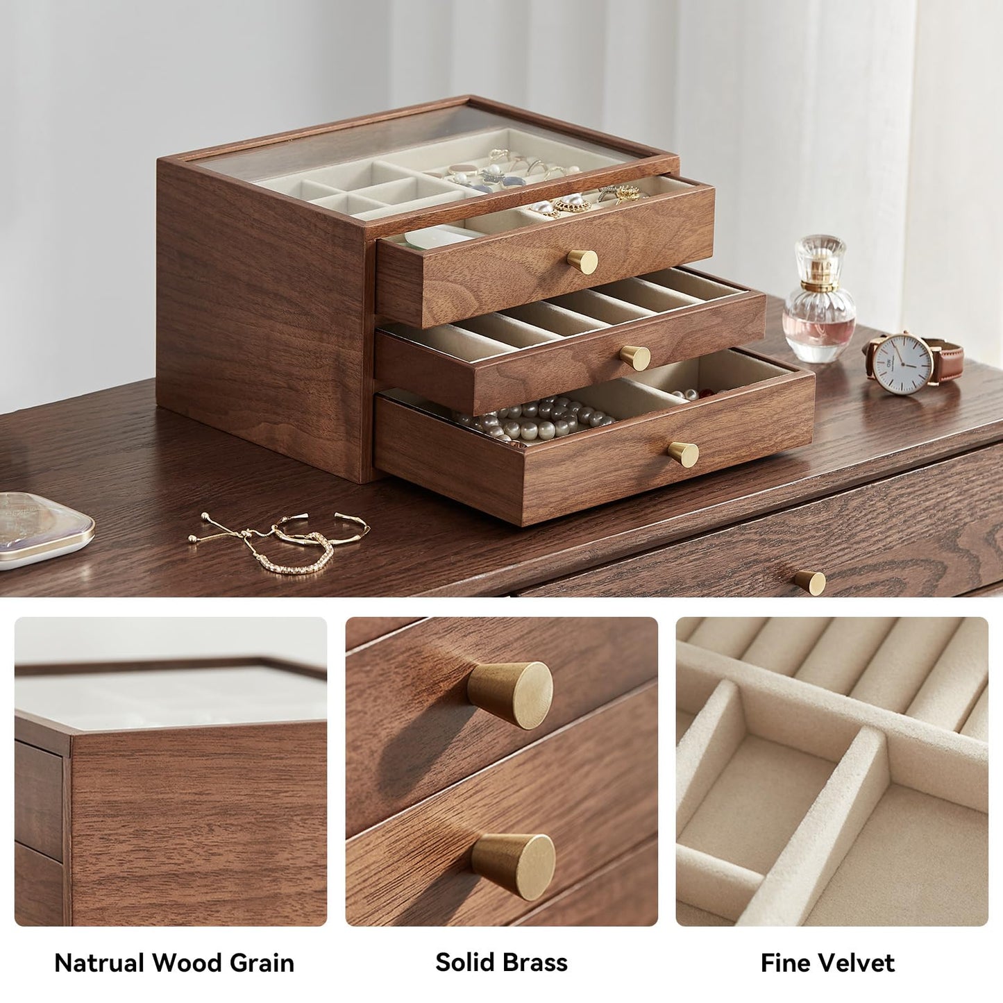 Homruilink Black Walnut Wooden Jewelry Box Women large 3 Layer Drawer Organizer Box with Glass Lid for Necklaces, Watch, Necklace, Ring, Earring Storage, Ideal Gift