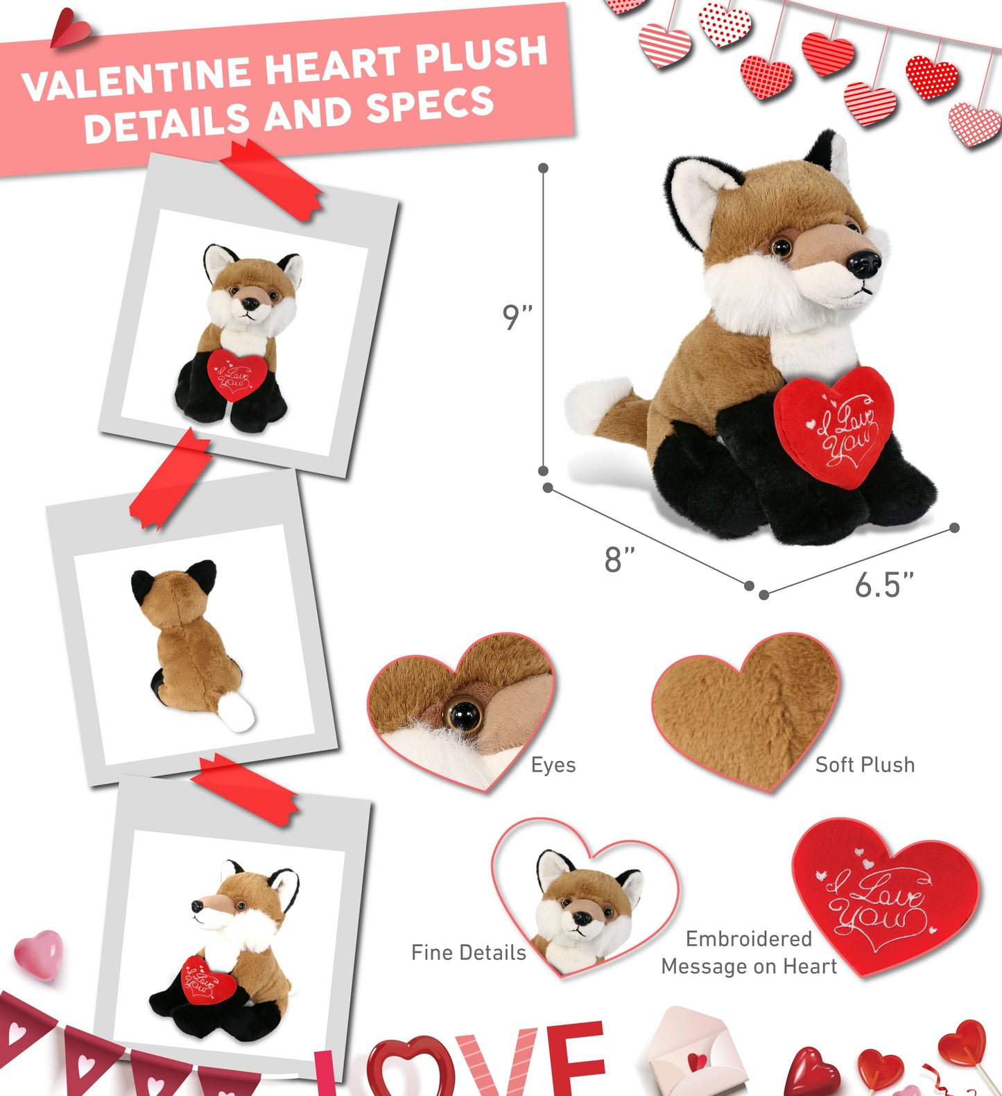 DolliBu I Love You Valentine Plush Floppy Fox - Cute Stuffed Animal with Red Heart and Name Personalization Gift for Valentines Day, Birthday, Anniversary, Romantic Date - 9 Inches