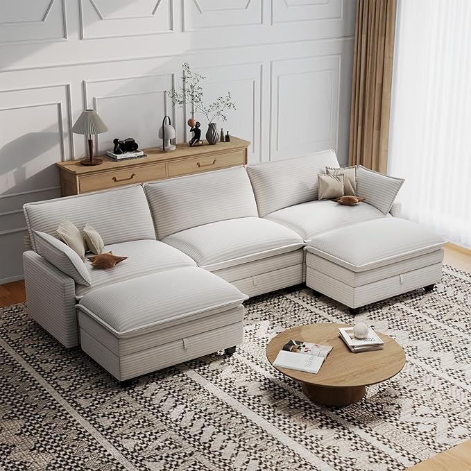 OhaiAura Modular Sectional U Shaped Sofa Couches with Storage Ottoman, Cloud Couch for Living Room, Comfy Sofa with Pillow, White