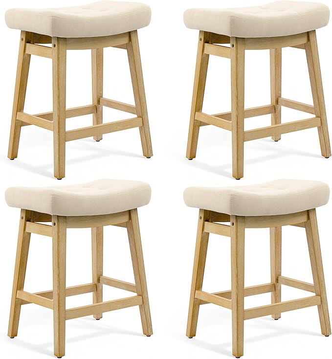 Counter Height Bar Stools Set of 4 for Kitchen Counter, Backless Farmhouse Island Short Barstools No Back with Padded Fabric Saddle Seat & Solid Wood Legs Modern 24 inch Counter Top Bar Chairs, Khaki