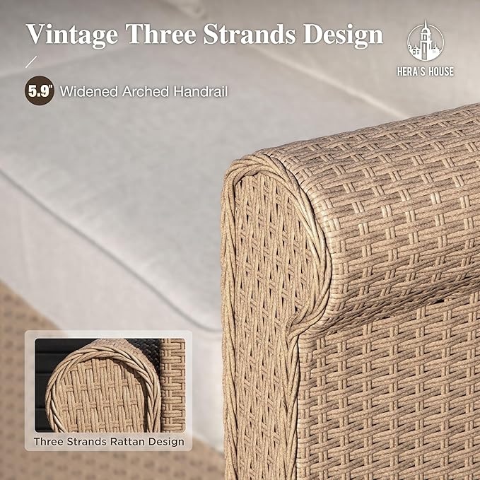 HERA'S HOUSE 8 Pieces Patio Furniture Set, All Weather 9 Seats Outdoor Wicker Sofa with Ottomans, Rattan Patio Conversation Set with 5.5" Cushions and 57" Fire Pit Table, Beige