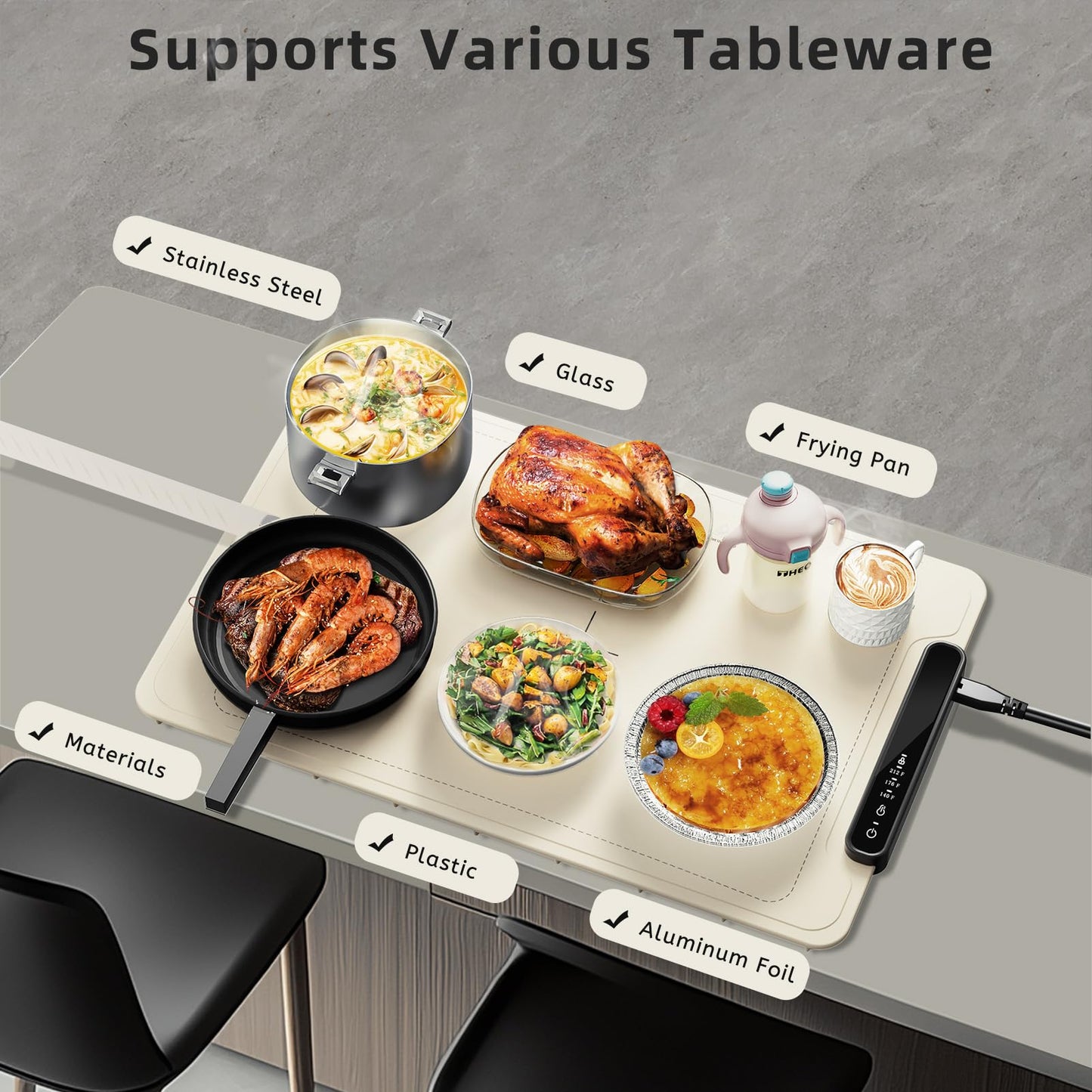Electric Warming Tray - Foldable Food Warmer for Parties Features 3 Modes & Fast Heating, Premium Silicone Nano-Material, Hot Plate for Buffet, Family Gatherings, Sabbath, Holidays, Countertop - White