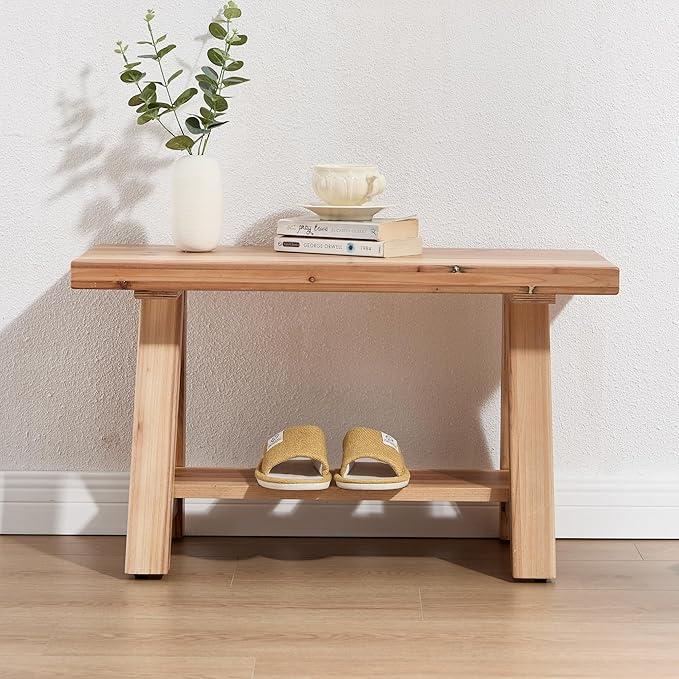 Janoray 30" Entryway Bench with Storage Farmhouse Narrow Dining Bench Shoe Rack Small Wooden Benches Holds up to 300lbs for Hallway Living Room Dining Room Bedroom，2 Tiers, Natural