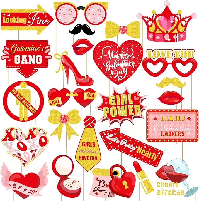 JXYCBZYing Red and Gold Galentine's Day Photo Booth Props - Pack of 24 | Galentines Day Props for Photography, Lovers Self...
