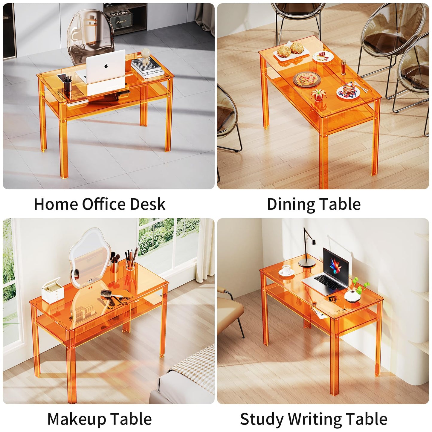 solaround Clear Acrylic Desk with Open Storage, Home Office Computer Writing Desk Office Study Table (Orange, 39.4'' x 19.7'' x 29.5'')