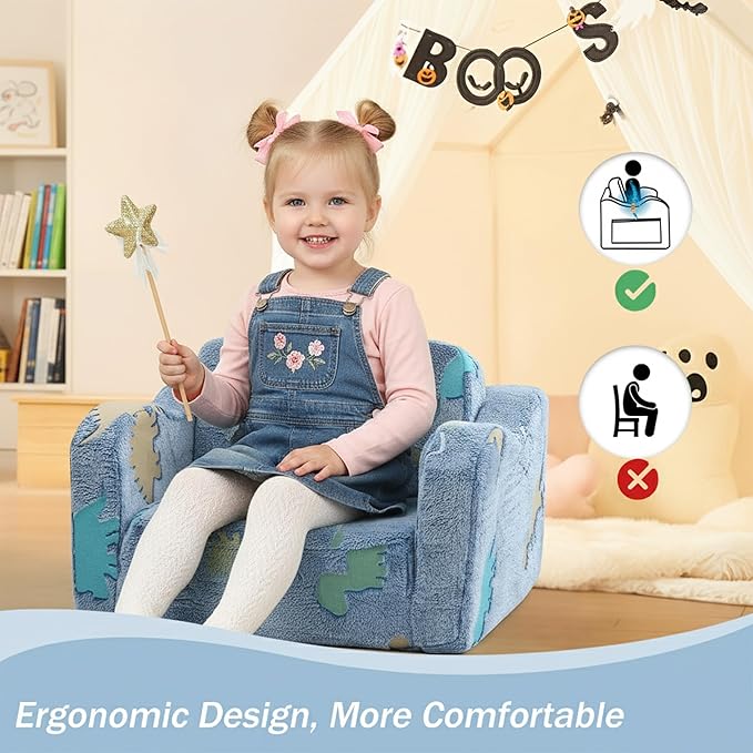 MeMoreCool Toddler Fold‑Out Couch for Ages 1‑3 yrs – Glowing Dinosaur Plush Kids Floor Sofa, Convertible 2‑in‑1 Lounger & Bed with Soft Washable Cover