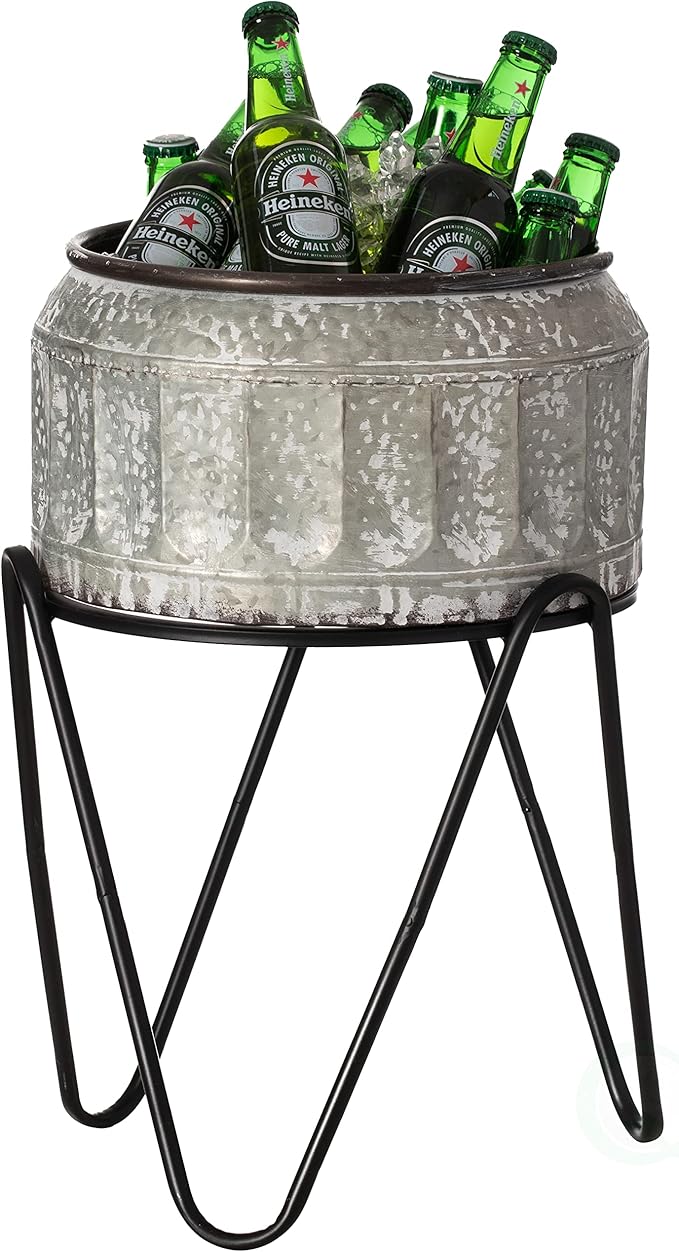Silver Galvanized Metal Ice Bucket Beverage Cooler Tub with Stand