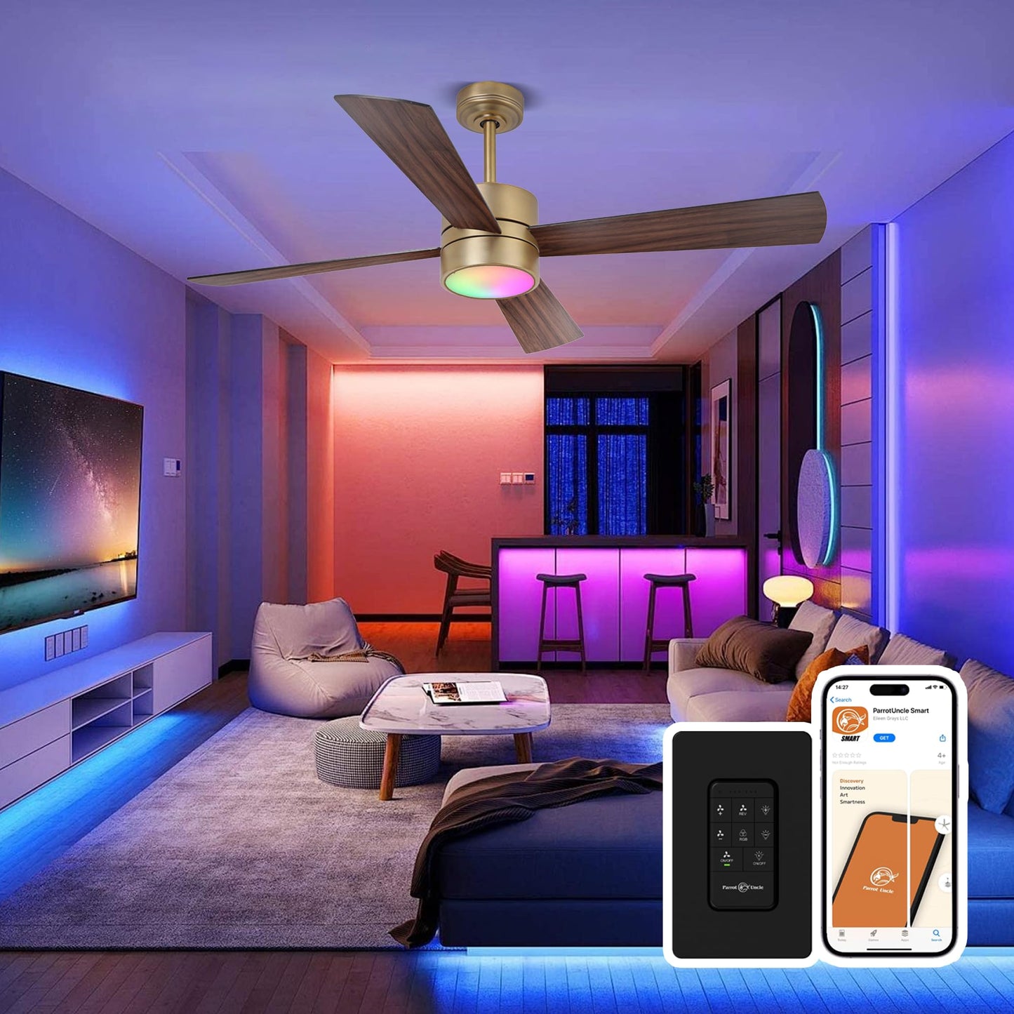Gold Ceiling Fans With Lights, 52 Inch Chandelier Ceiling Fan With Rgb Led For Bedroom, Remote/ App Control, Brass Outdoor Ceili
