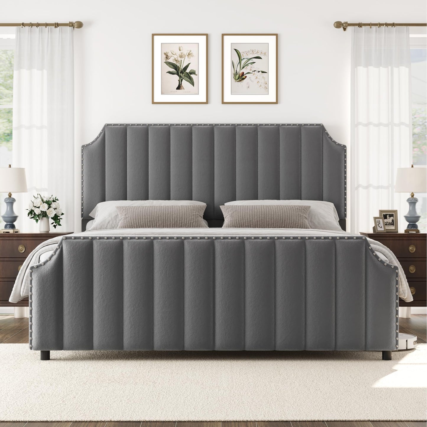 GarveeHome King Size Platform Bed Frame with 50.2 in Headboard, Velvet Upholstered Bed Frame King with Vertical Channel Tufted Headboard & Footboard, Nailhead Trim, No Box Spring Needed, Grey