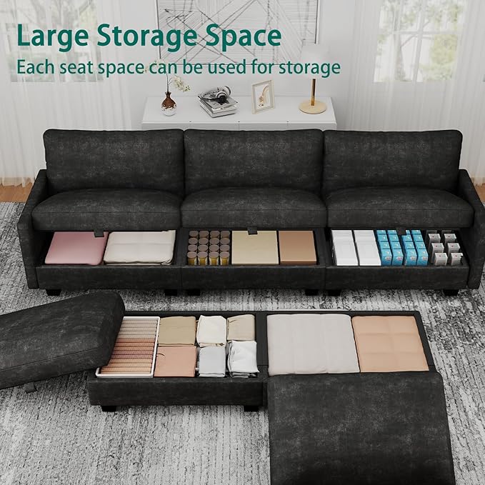 OhaiAura Modular Sectional U Shaped Sofa Couches for Living Room, Cloud Couch with Storage Ottoman, Comfy Chenille Sofa with Pillow, Black