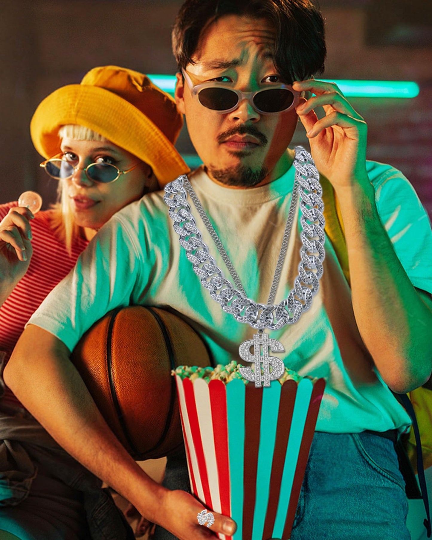 Riuziyi 6Pack 90s 80s Hip Hop Costumes Kit for Men 2000s Y2K Sunglasses Rings Hat Rapper Outfit Accessories for Themed Party (Silver)