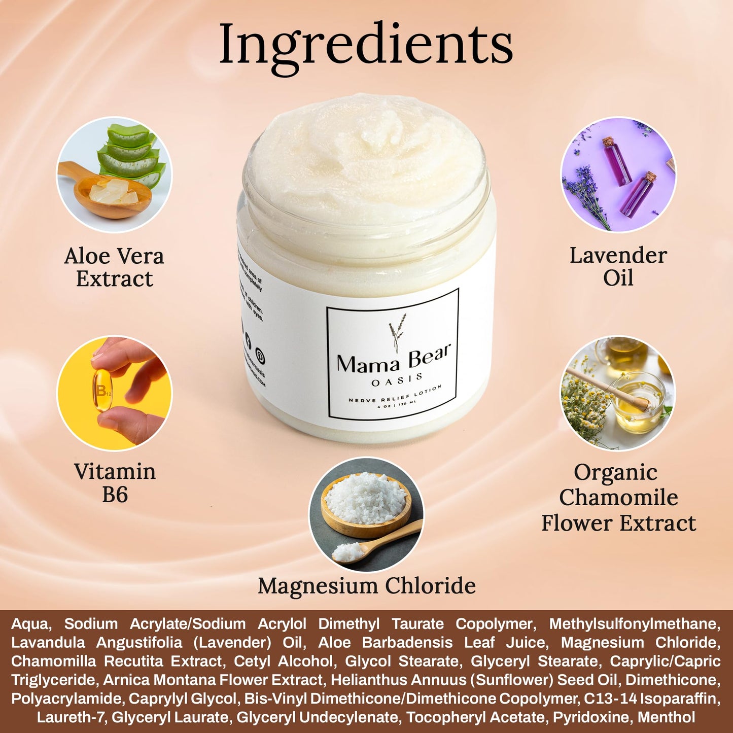 Mama Bear Oasis Lotion - Neuropathy Nerve Therapy & Relief Cream - Maximum Strength Relief Cream for Foot, Hands, Legs, Toes Includes Magnesium, Arnica, Vitamin B6, Aloe Vera, MSM (Pack of 1)