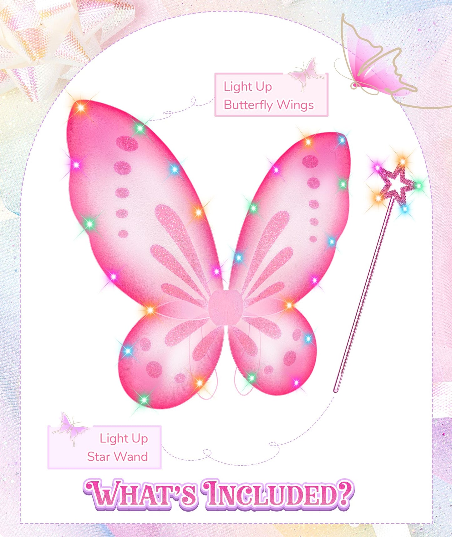 DUDUCOFU Girls Fairy Butterfly Wings with LED Light, Fairy Wings Light Up Star Wands for Girls Kids Women Halloween Dress Up (Pink)