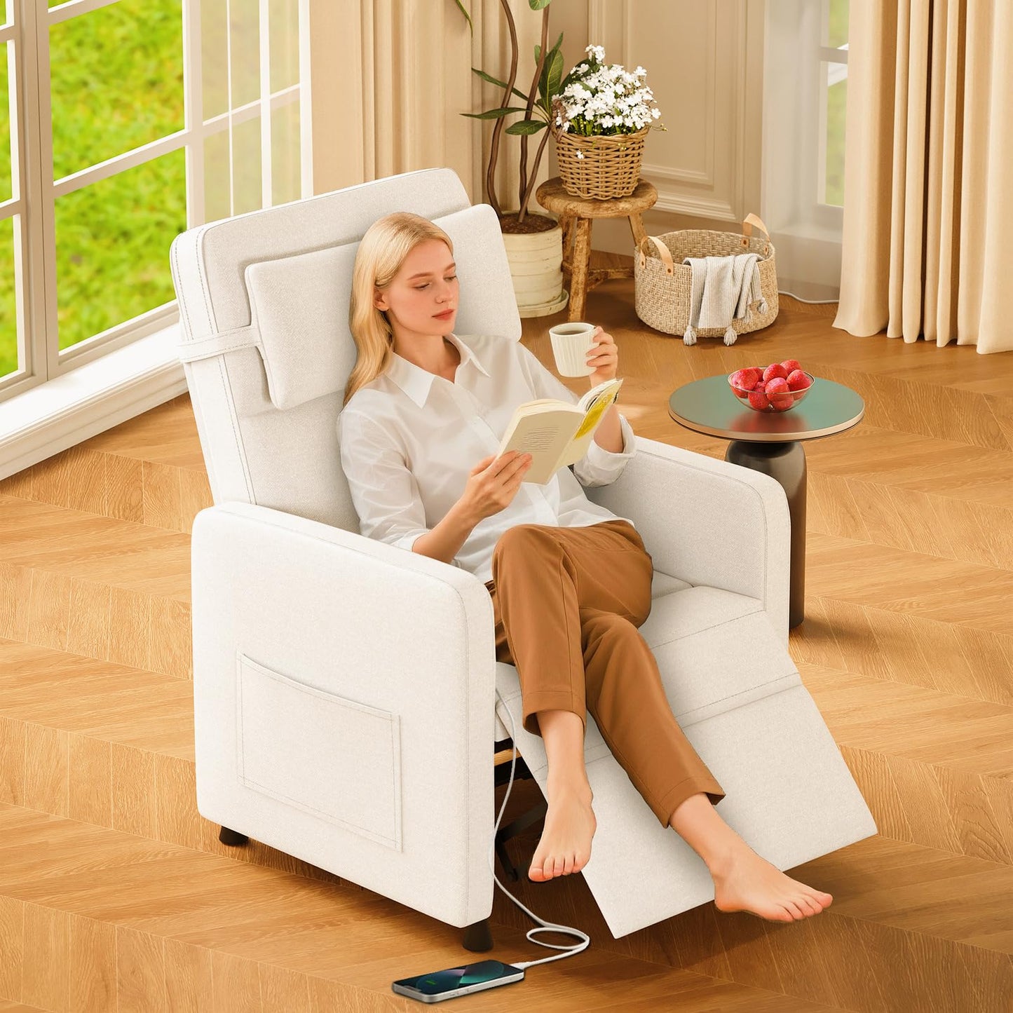 GarveeHome Power Recliner Living Room Lazy Chair Adjustable Electric Reclining Chair Home Theater Seating with Side Pockets & USB Port(Beige)