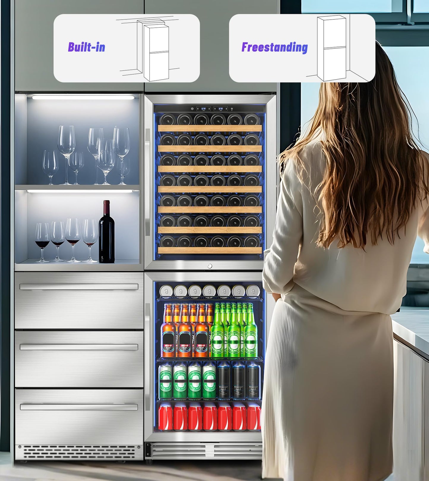2 IN 1 Wine and Beverage Refrigerator 24", Dual Zone Wine Cooler with Safety Lock, Built-in/Freestanding Beverage Cooler for 77 Bottles 150 Cans, Quiet & Constant Fast Cooling for Home Kitchen Bar