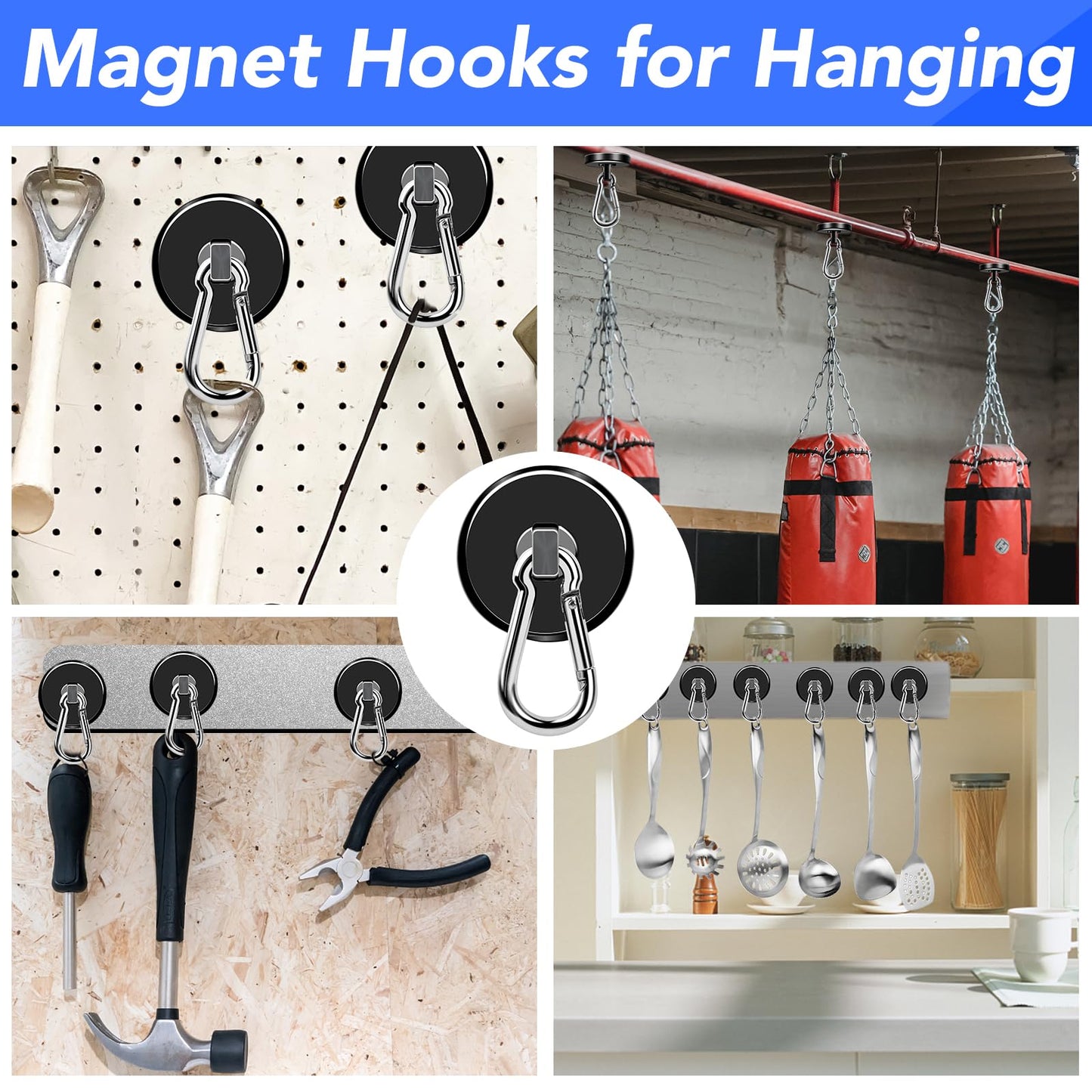 LOVIMAG Strong Magnets with Hooks, 200LBS+ Heavy Duty Magnets with Epoxy Coating for Cruise, Magnetic Hooks with Swivel Carabiner Hook, Powerful Neodymium Magnet for Hanging, Kitchen,Garage-2 Pcs