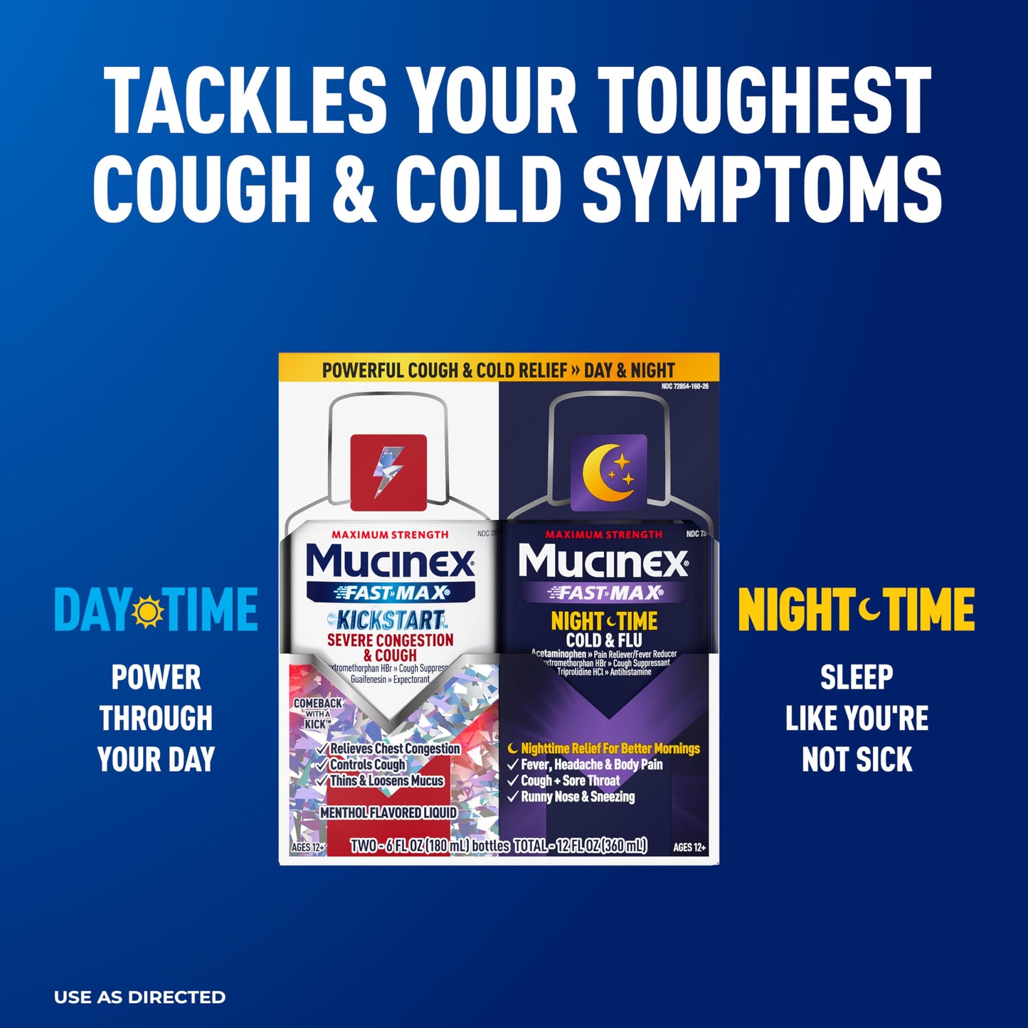 Mucinex Fast-Max Kickstart Severe Congestion & Cough & Nighttime Cold and Flu Medicine for Adults, Powerful Over-The-Counter Medication for Mutli-Symptom Relief, 2x6 Fl Oz