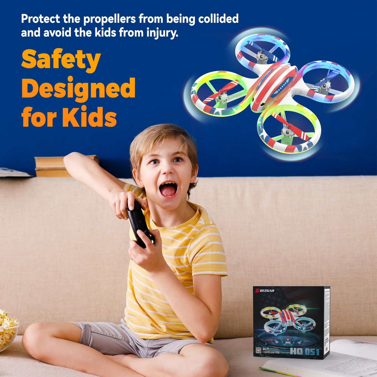 BEZGAR HQ051 Drone for Kids - RC Mini Drones Indoor LED Quadcopter with 3D Flip and Headless Mode, Full Protect Propeller for Beginners, 2 Batteries & Remote Control, Easy to fly Boy Girls Adults Gift