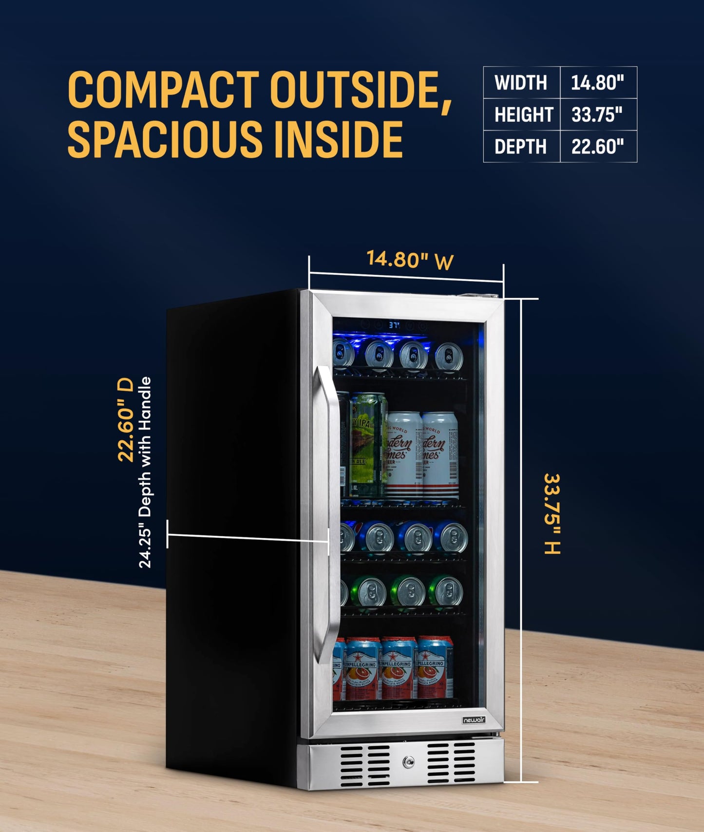 NewAir 96 Can Built-In Beverage Refrigerator | 15” Small Mini Fridge for Bedroom, Home Bar or Office | Quiet Cooling & Precise Temperature Control | Stainless Steel