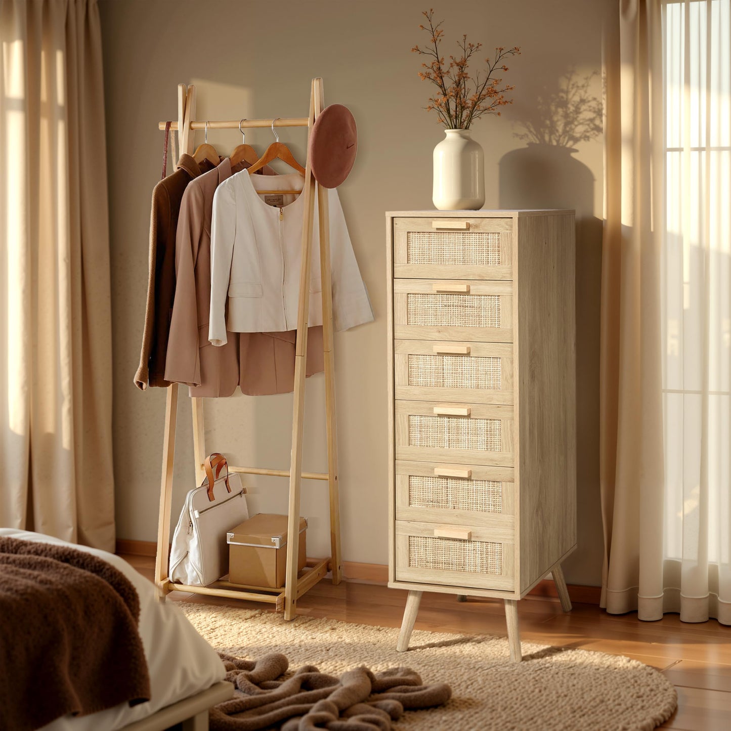Finnhomy Rattan Dresser for Bedroom, Tall Dresser with 6 Hand Made Rattan Decorated Drawers, Small Chest of Drawers for Living Room, Closet, Hallway, Natural