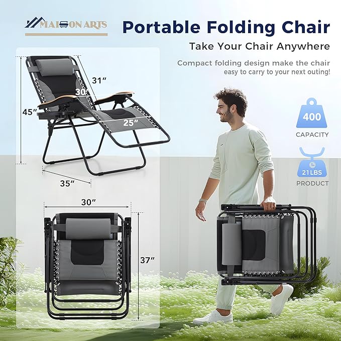 MAISON ARTS Oversized XXL Zero Gravity Chair, 30" Wide Seat Padded Foldable Recliner, Anti Gravity Outdoor Lawn Chair for Poolside/Backyard/Beach, Supports 400lbs, Grey
