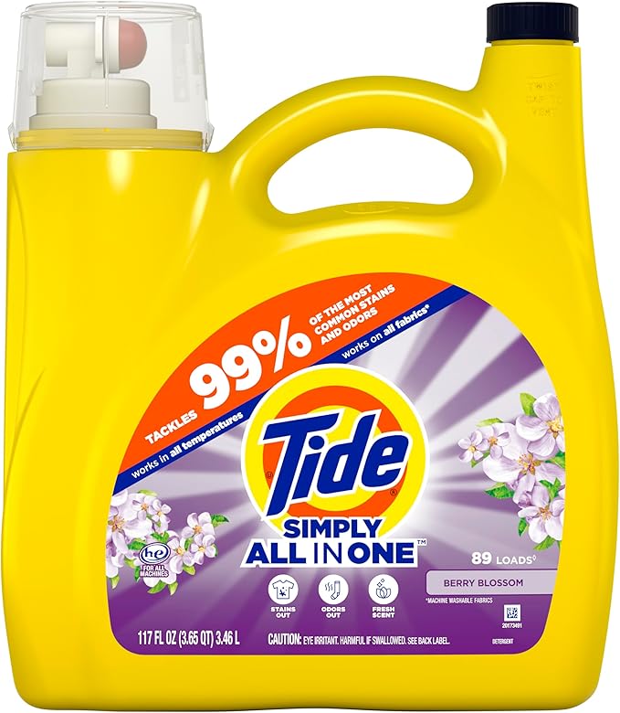 Tide Simply All-In-One Liquid Laundry Detergent, Berry Blossom Scent, 89 Loads, 117 fl oz