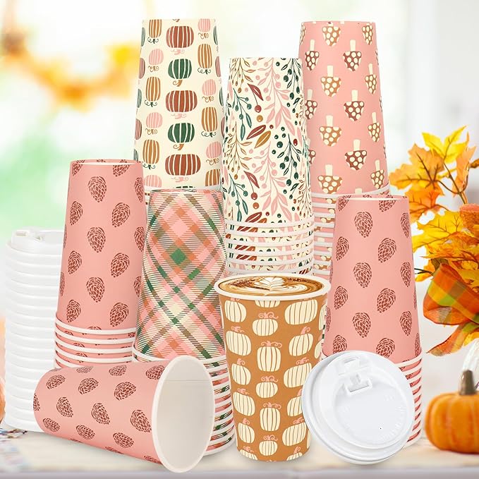 FYSUIMU 120 Sets Boho Fall Disposable Coffee Cups with Lids 16Oz Pumpkin Leaves Mushroom Drinking To Go Cup 6 Designs Pape...