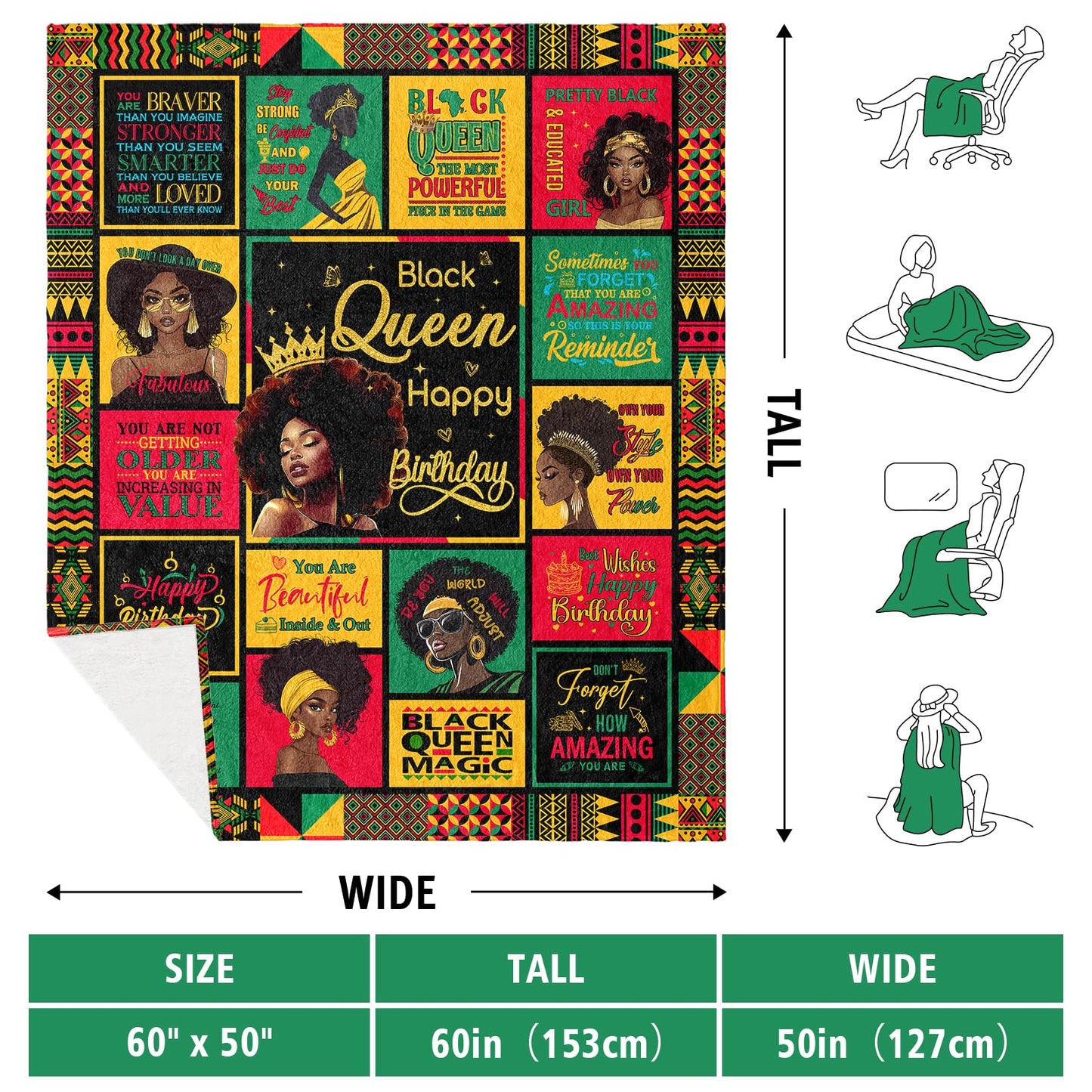 African American Birthday Gifts for Women, Birthday Black Lady Women Girl Positive Blanket 60"X50", Encouragement Inspirational Birthday Gifts, Afro Gifts Idea for Best Friend Healing Birthday Gifts
